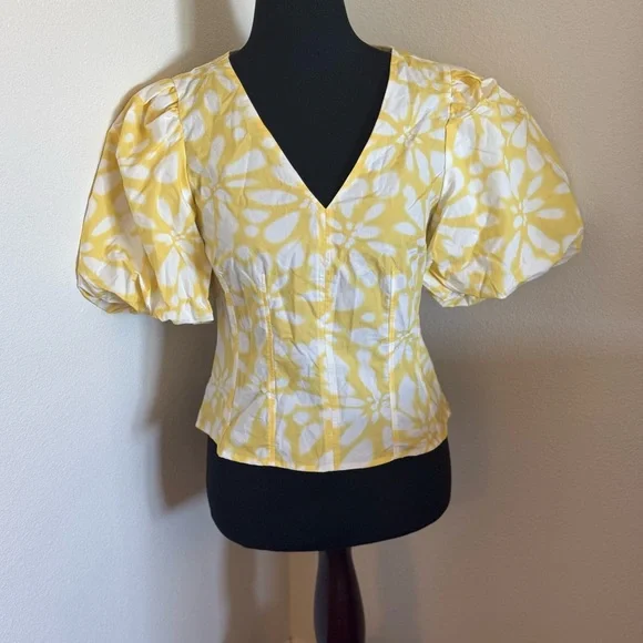 Banana Republic BUBBLE-SLEEVE SEAMED POPLIN TOP Blouse Puff Sleeve Yellow 4 $75 - Picture 2 of 9